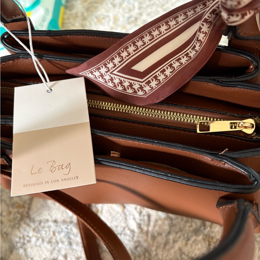 Classic Brown Pebbled Satchel with Scarf Accent - Picture 3 of 3